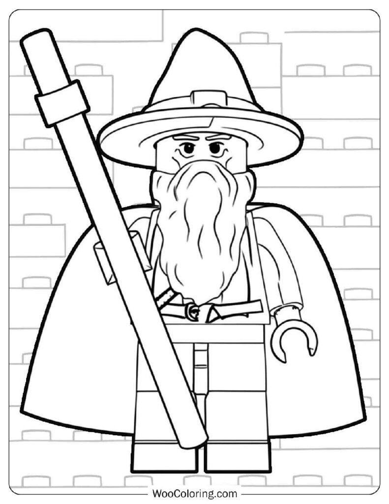 Gandalf the Grey Standing with His Staff in a Magical Scene from Lego Lord of the Rings Picture to Color