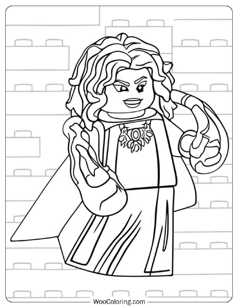 Agatha Harkness from Lego Marvel Series Wearing a Maleficent Cape and Smiling Mysteriously