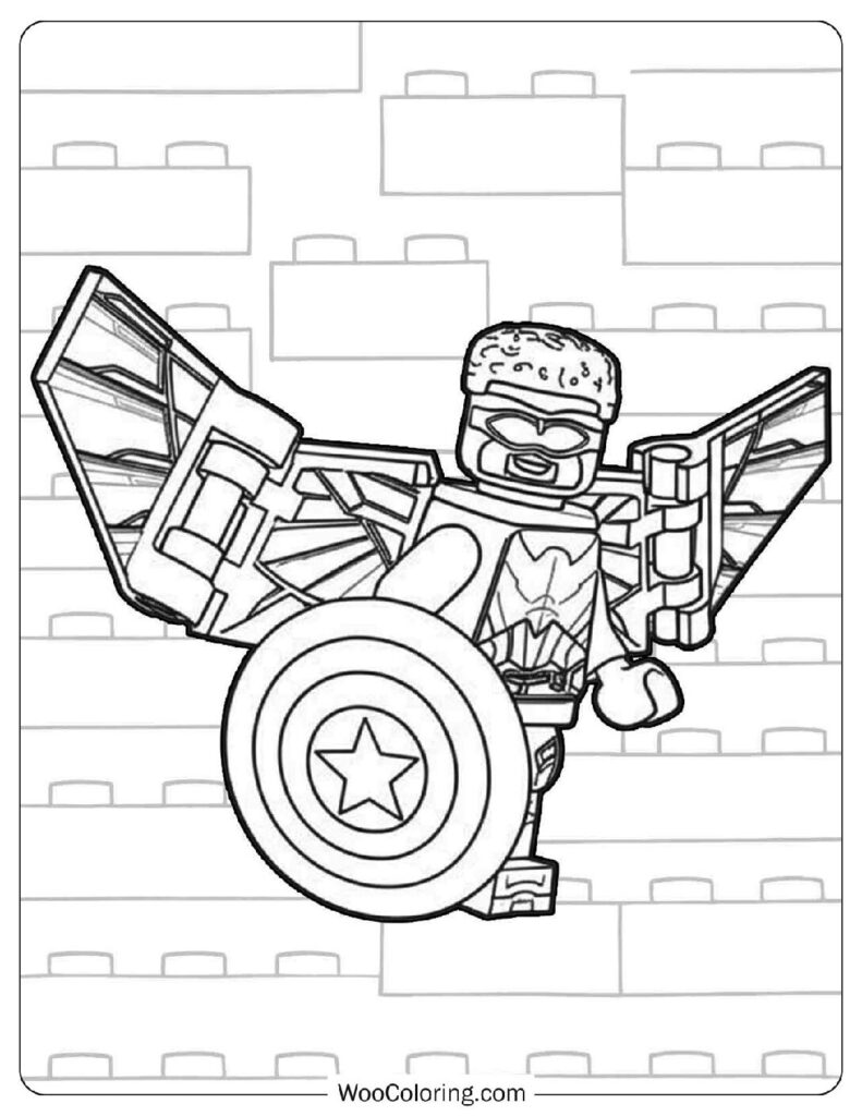 Captain America with Falcon Wings from the Lego Marvel Series in a Heroic Mid-Flight Pose