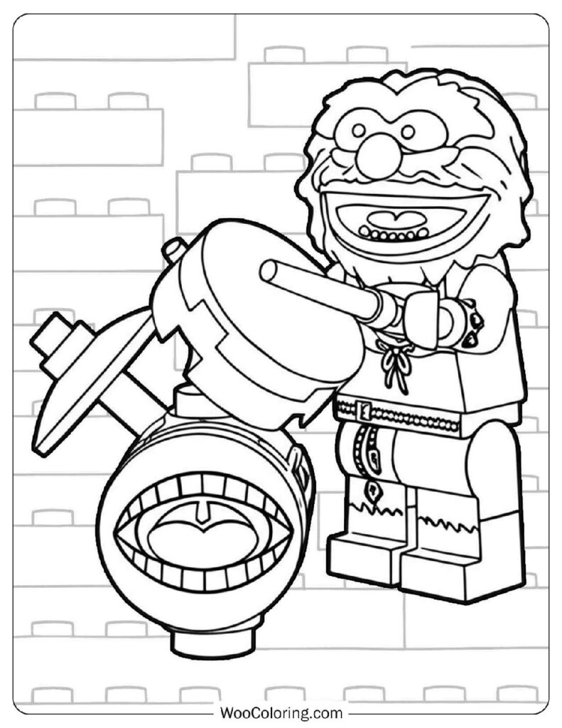 Animal from the Lego Muppets Series in a Wild Drumming Performance Scene Coloring Page