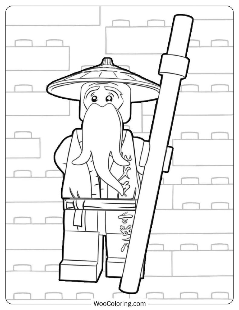 Sensei Wu from Lego Ninjago Holding His Wooden Staff in a Calm and Wise Pose