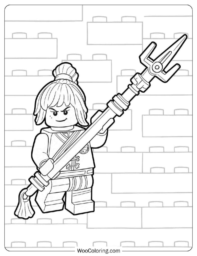 Nya from Lego Ninjago Posing with Her Golden Kai Staff in a Colorful Action Scene