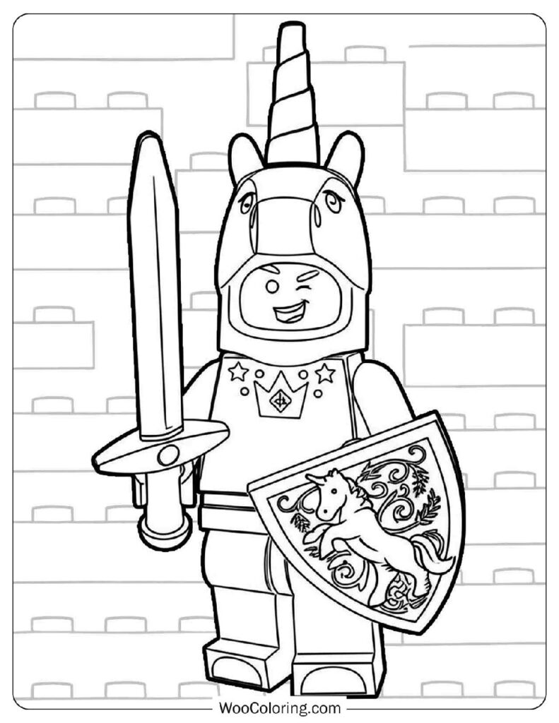 Unicorn Knight Guy Dressed in a Shiny Costume at a Festive Party from the Lego Series Coloring Sheet for Kids