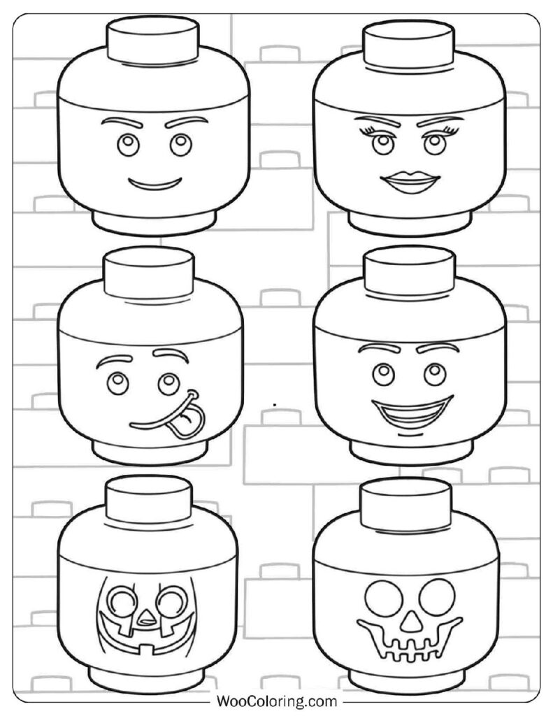 Colorful Lego Head Set by Room Copenhagen Featuring Girl Boy Skeleton Pumpkin and Silly Face Characters