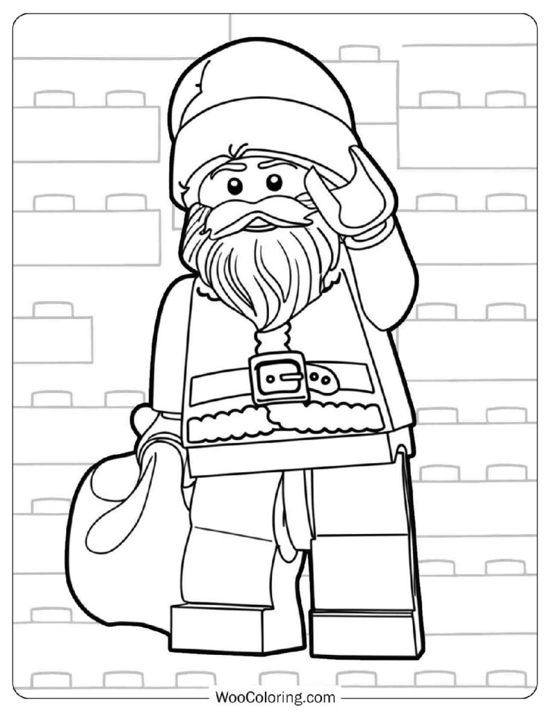 Santa Claus Carrying a Sack Full of Presents Smiling Cheerfully from the Lego Holiday Set Coloring Sheet