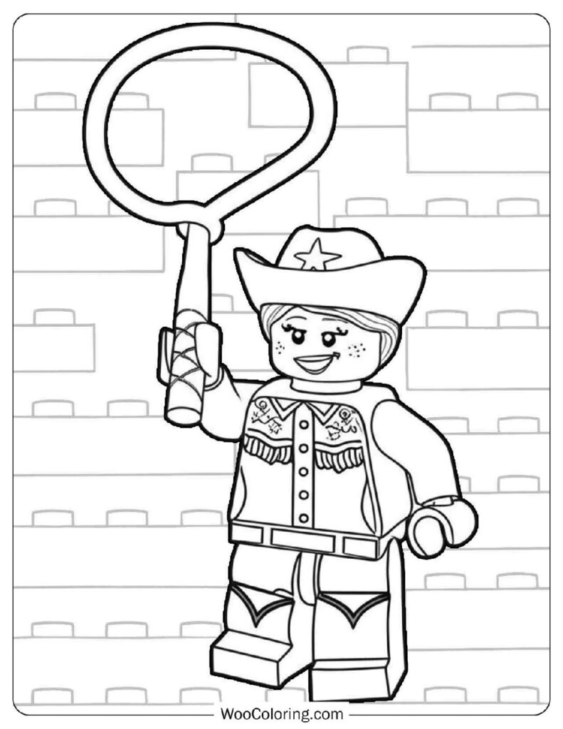 Cowgirl from the Lego Minifigure Series Wearing a Hat and Holding a Lasso Coloring Sheet for Kids
