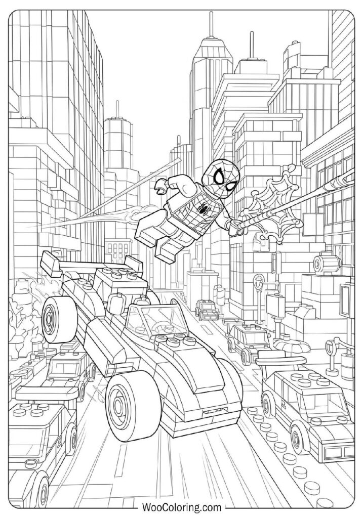 Lego Spiderman Racing Into Action in a Blocky City Picture to Color