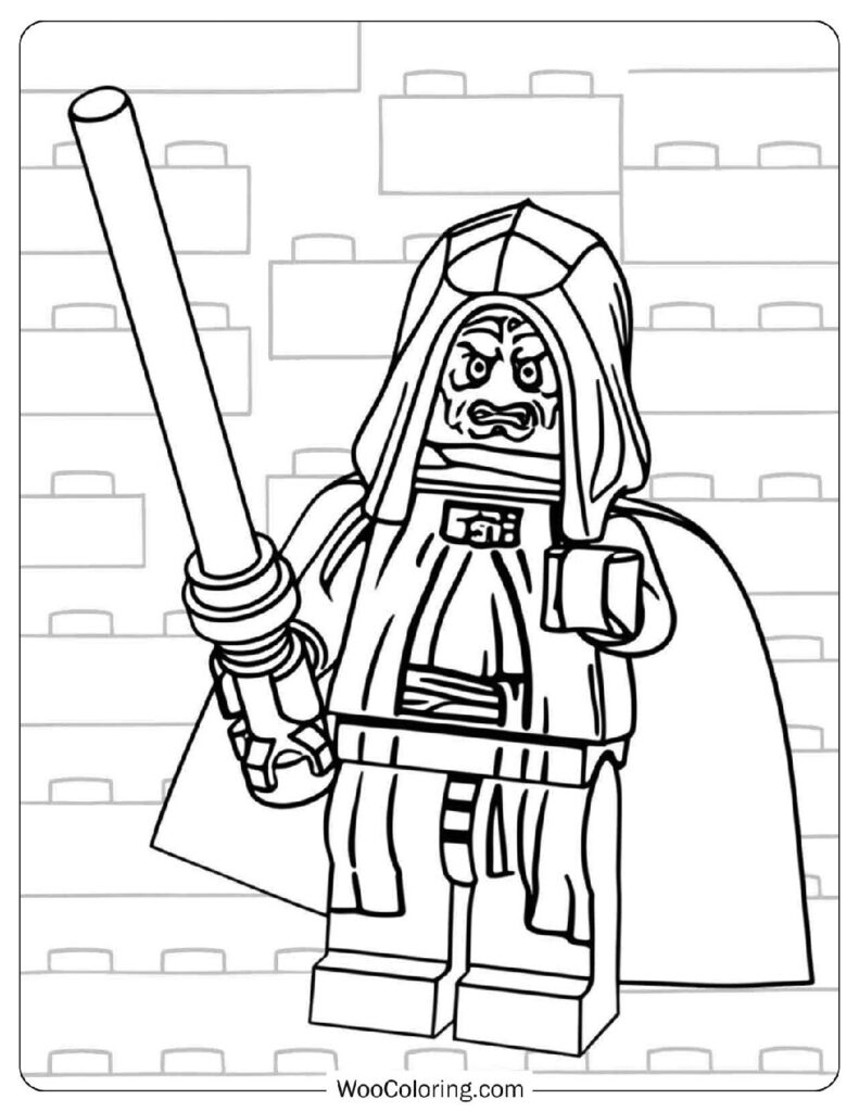 Emperor Palpatine Holding a Red Lightsaber and Grinning Menacingly from Lego Star Wars Coloring Page