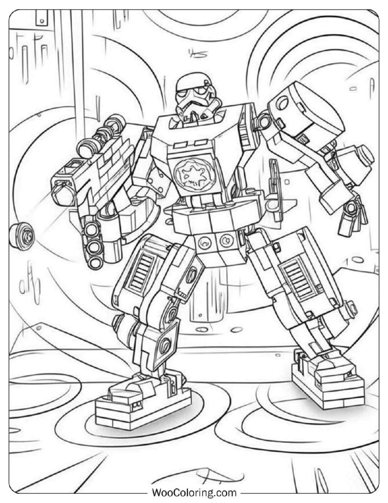 Massive Lego Star Wars Mech Suit with Stormtrooper Inside Ready for Combat Coloring Picture