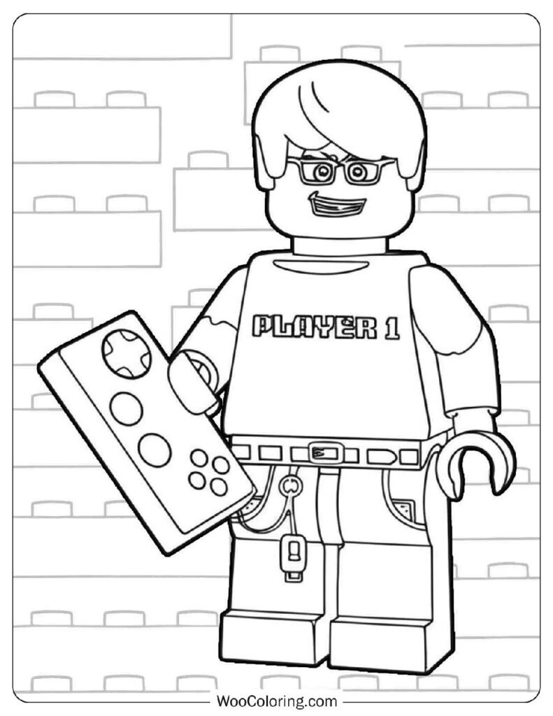 Video Game Guy from the Lego Series Wearing Headphones and Holding a Controller Coloring Sheet