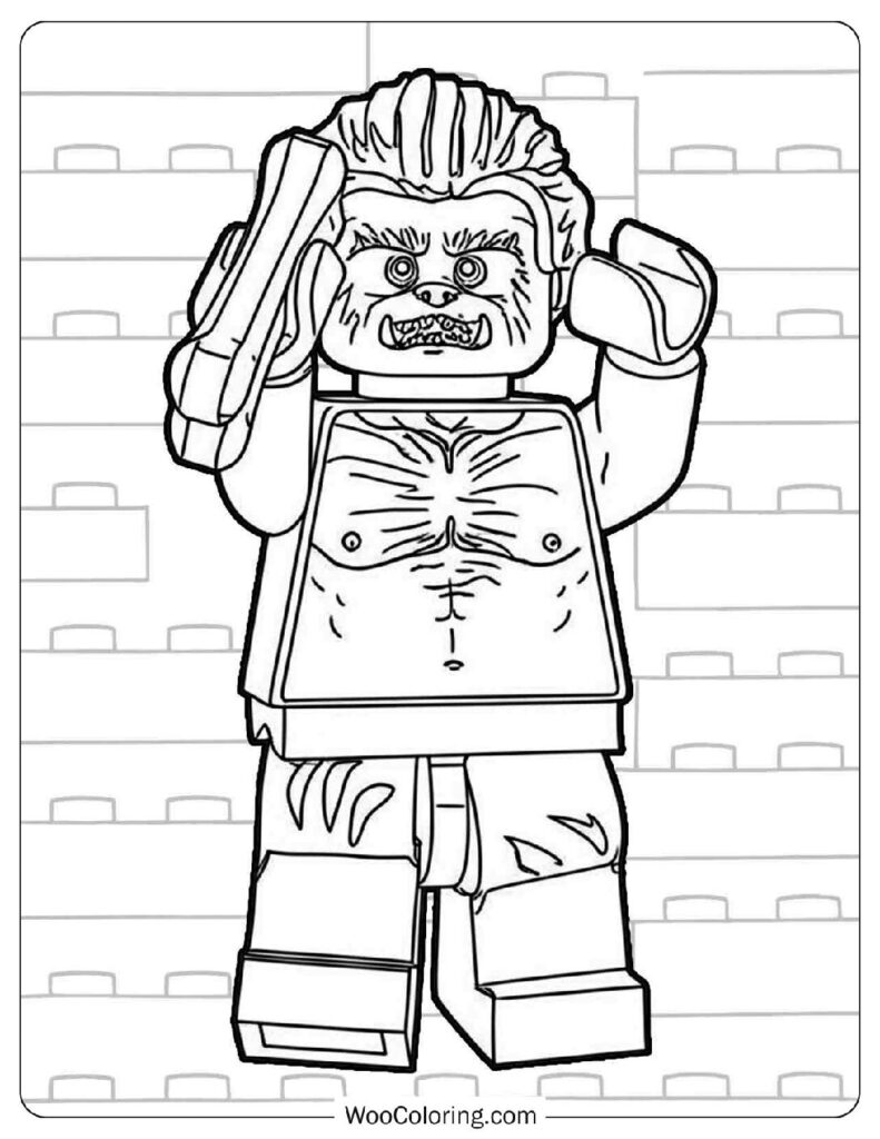 Spooky Lego Werewolf Dressed for Halloween Night with a Pumpkin Basket Coloring Page for Preschoolers