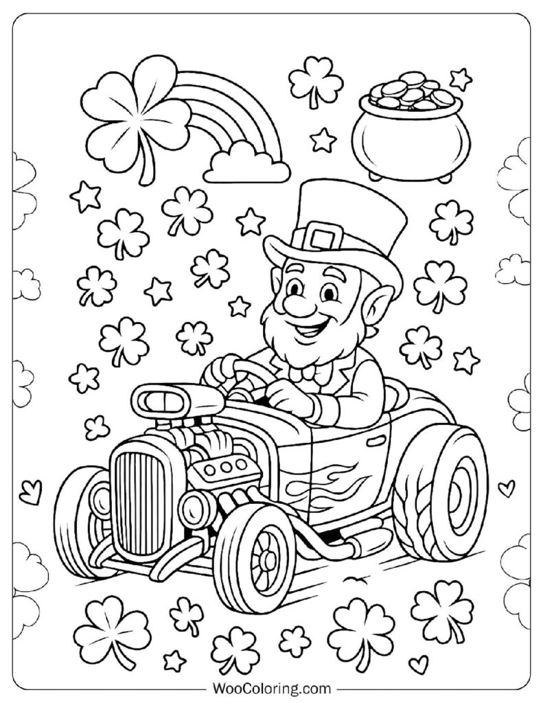 Leprechaun in Hot Rod on St Patrick's Day Coloring Page For Preschoolers