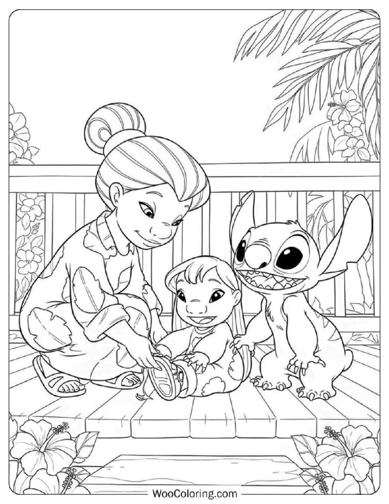 Lilo Gets Help from Nani and Stitch Smiles Coloring Sheet