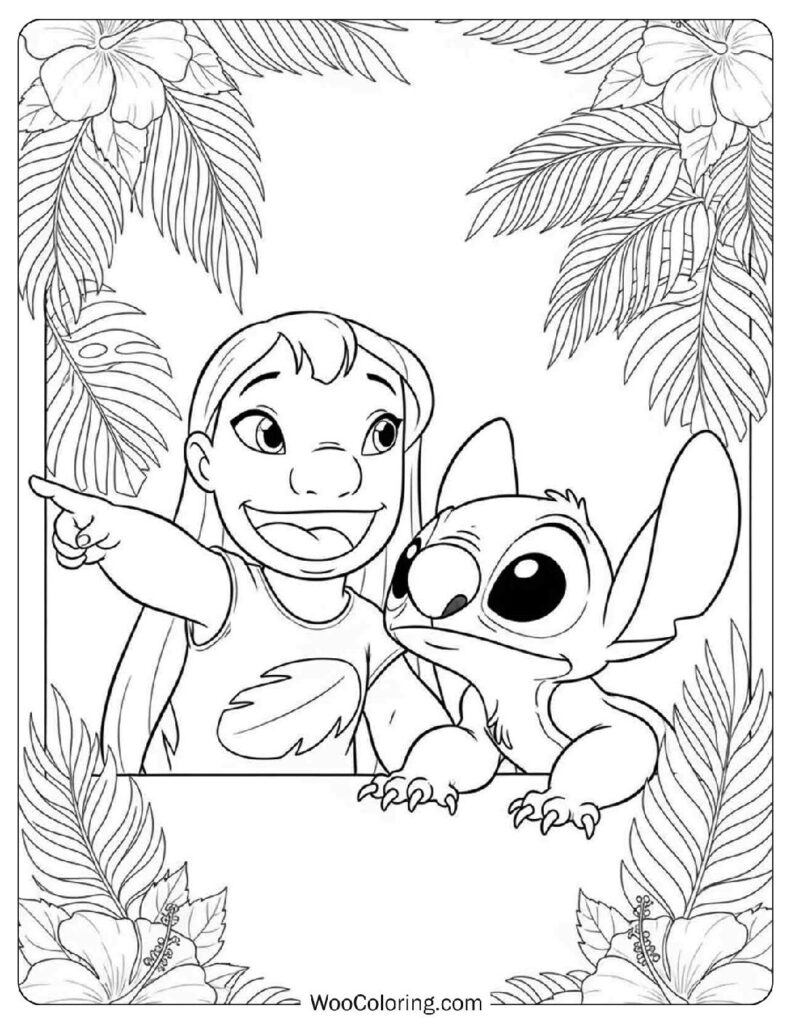 Lilo Pointing at Something with Stitch Picture to Color