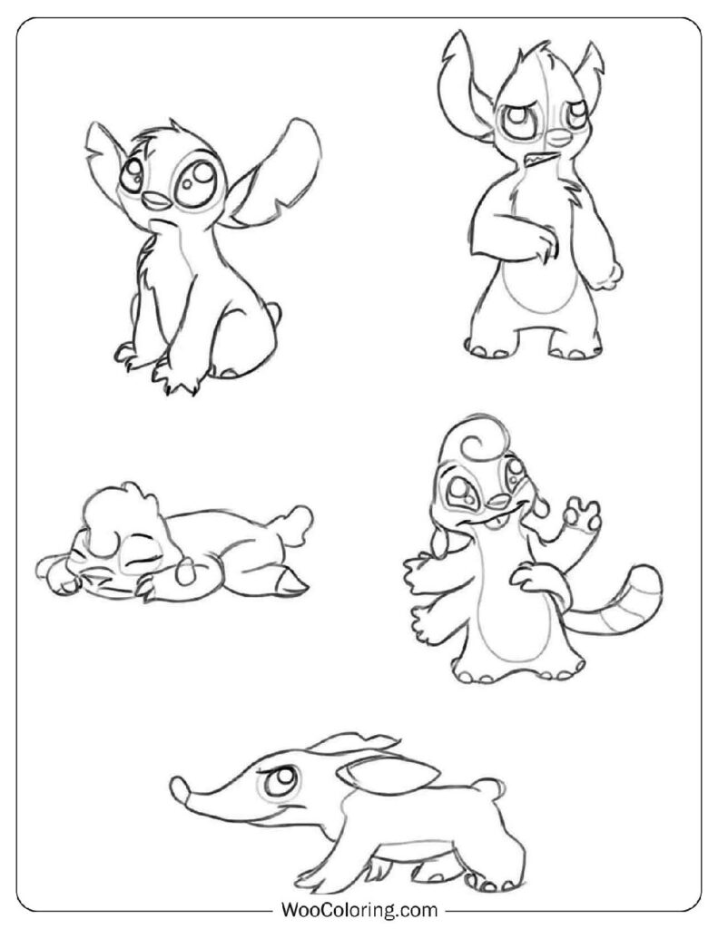 Lilo & Stitch Coloring Page with Experiments 626 Stitch, 627 Evile, 360 Drowsy, 613 Checkers, and 158 Finder