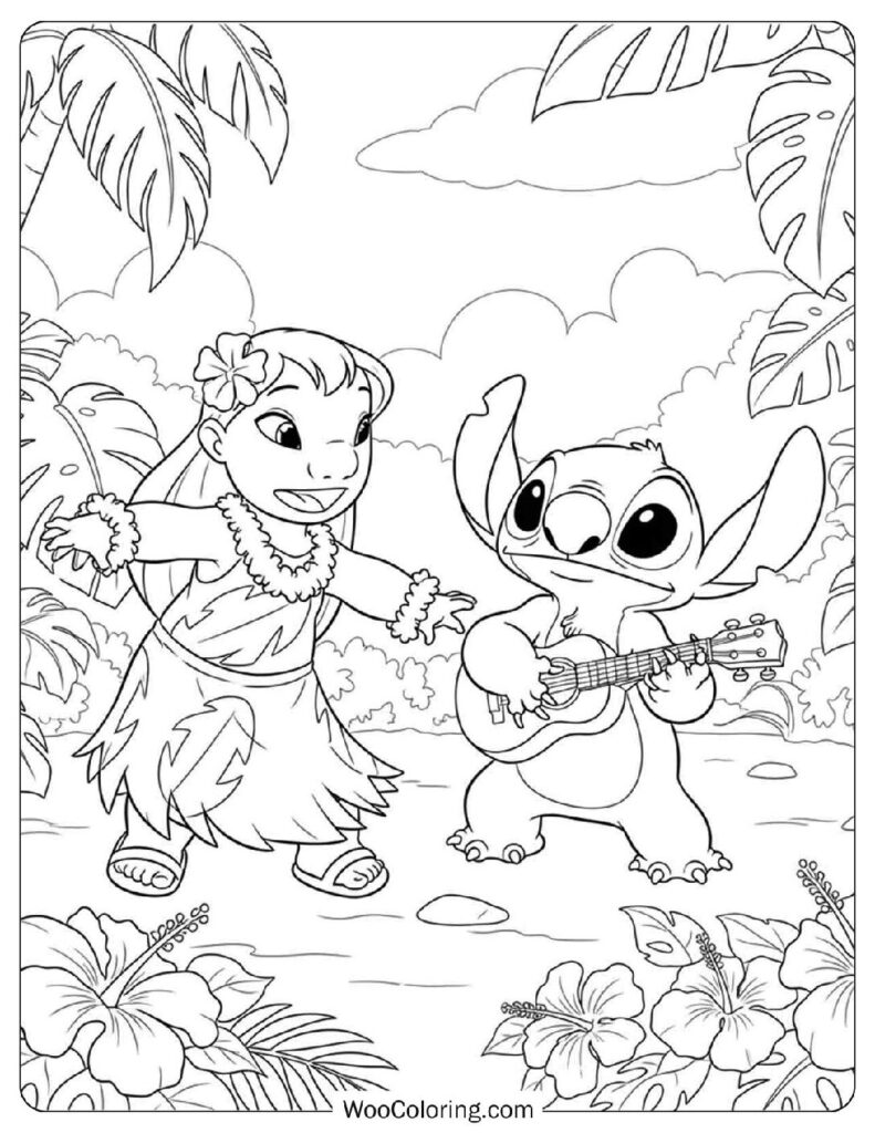 Lilo and Stitch Dancing in Tropical Garden Coloring Page
