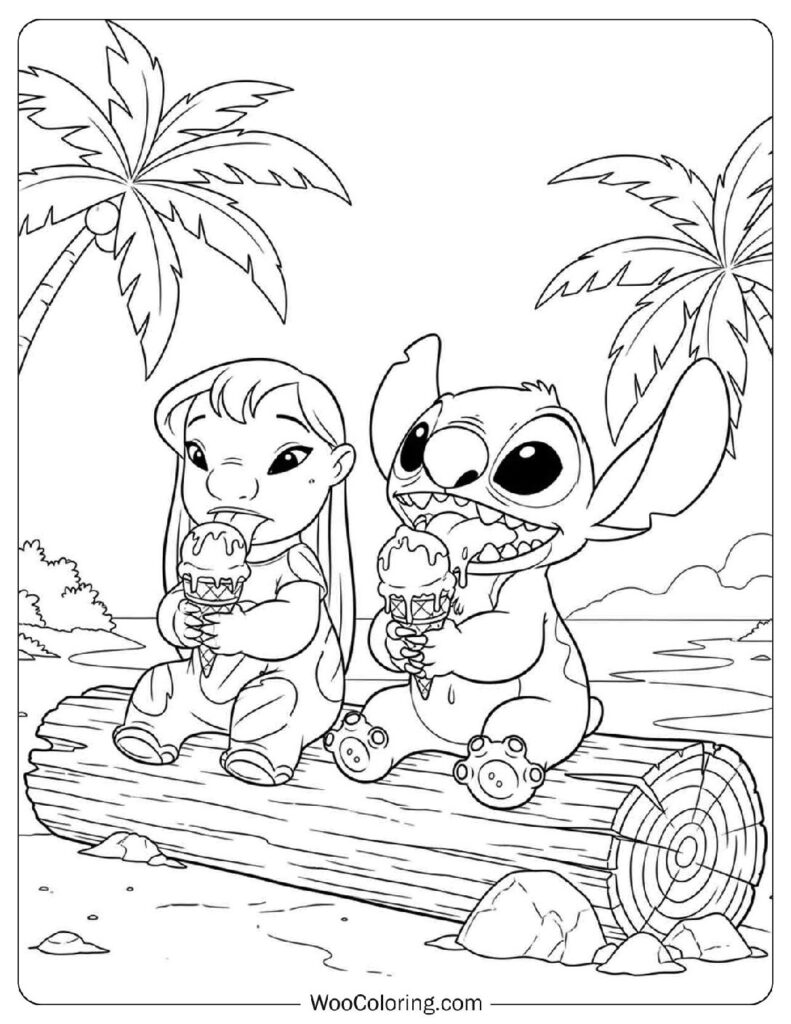 Lilo and Stitch Enjoying Ice Cream Day Coloring Page