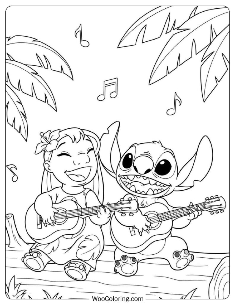 Lilo and Stitch Playing Guitar under Palm Trees