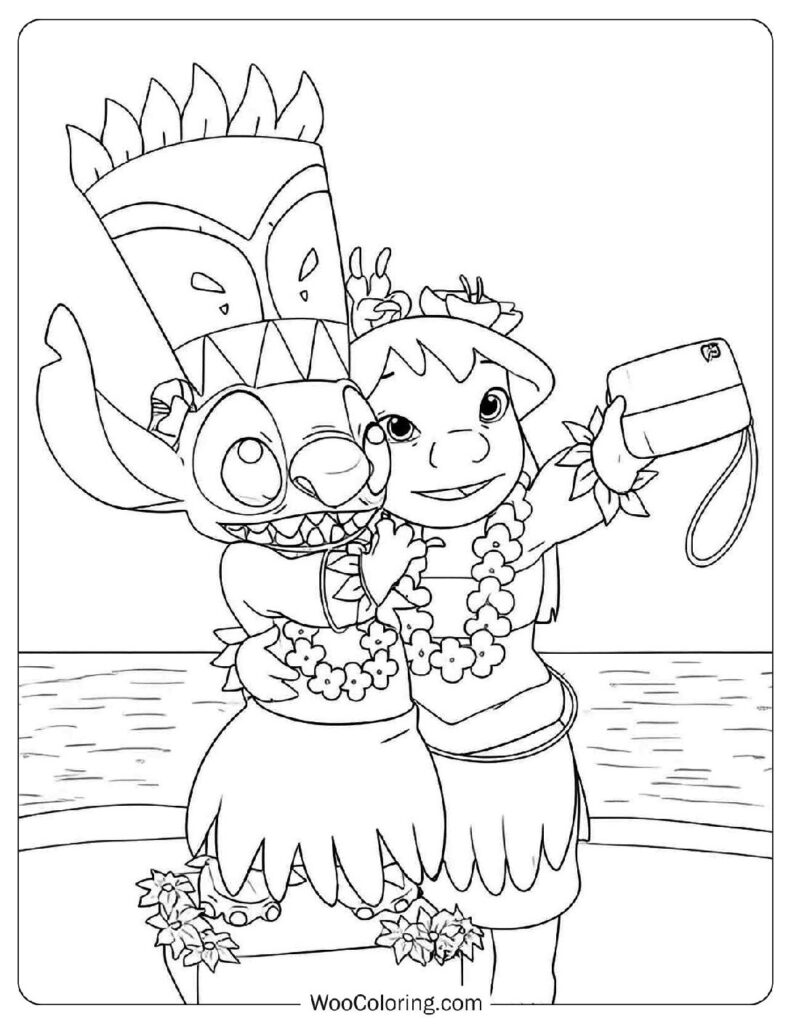 Lilo and Stitch in Hawaiian Costumes Taking Selfie