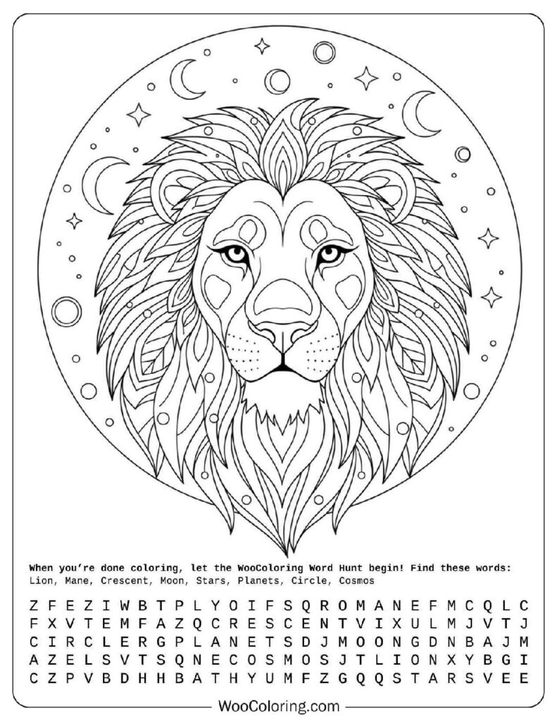 Lion Moon Mandala Fusion Coloring Page