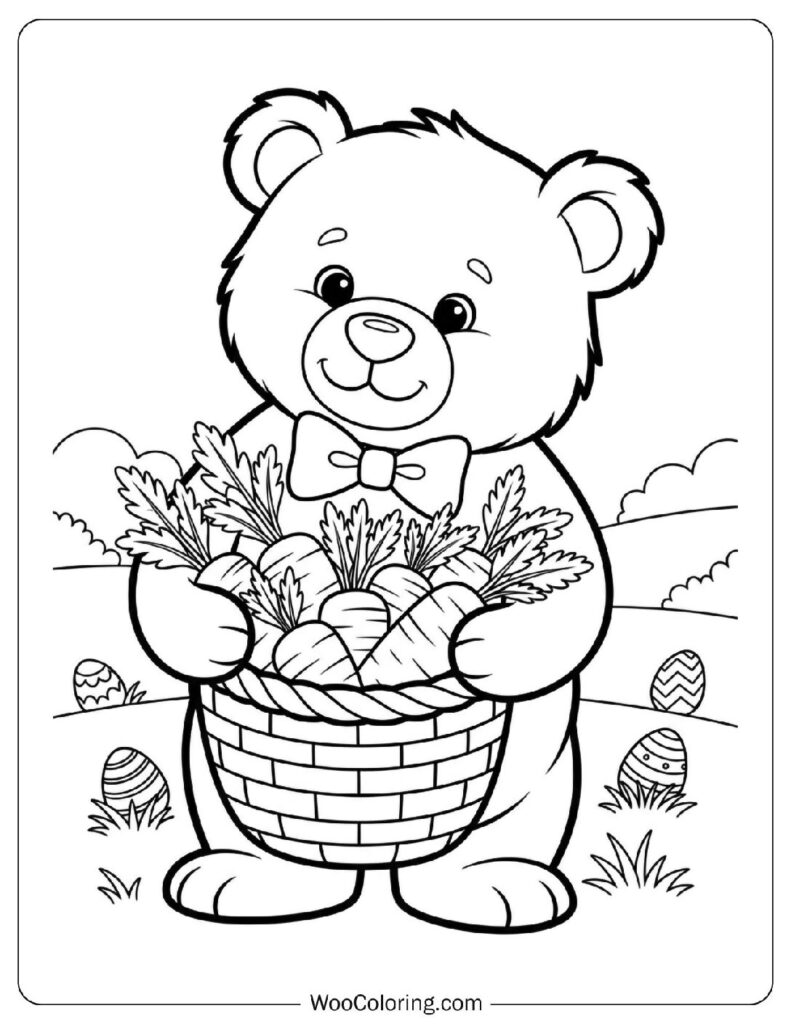 Little Bear with a Basket of Easter Carrots Coloring Page for Preschoolers