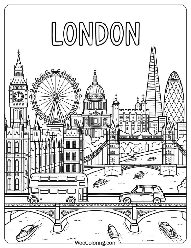 London City View with Big Ben and Westminster Palace Coloring Page for Kids