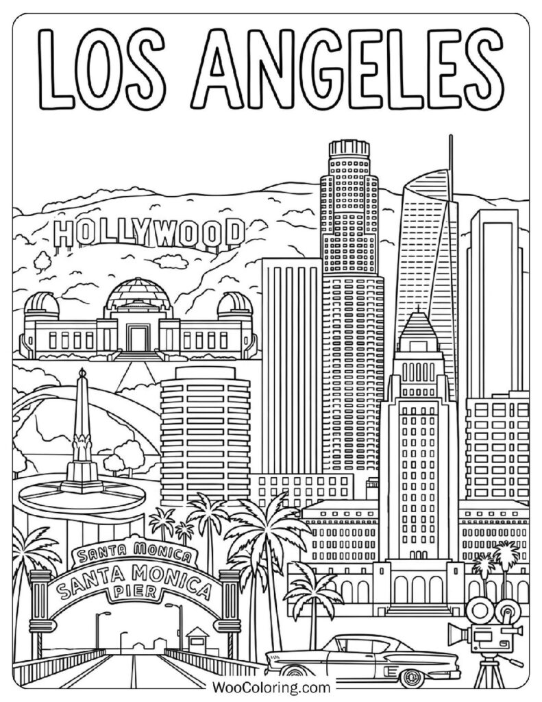 Los Angeles Skyline with Hollywood Sign and Downtown Towers Coloring Sheet for Kids