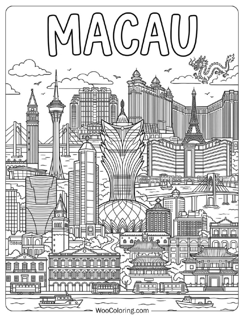 Macau Skyline with Grand Lisboa and Cotai Strip Towers Coloring Sheet for Kids