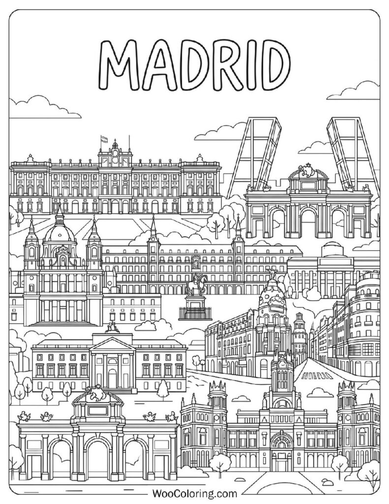 Madrid City View with Royal Palace and Plaza Mayor Coloring Page