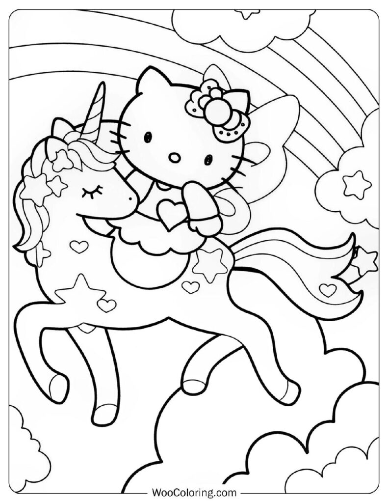 Magical Hello Kitty Riding Unicorn Coloring Page For Kids