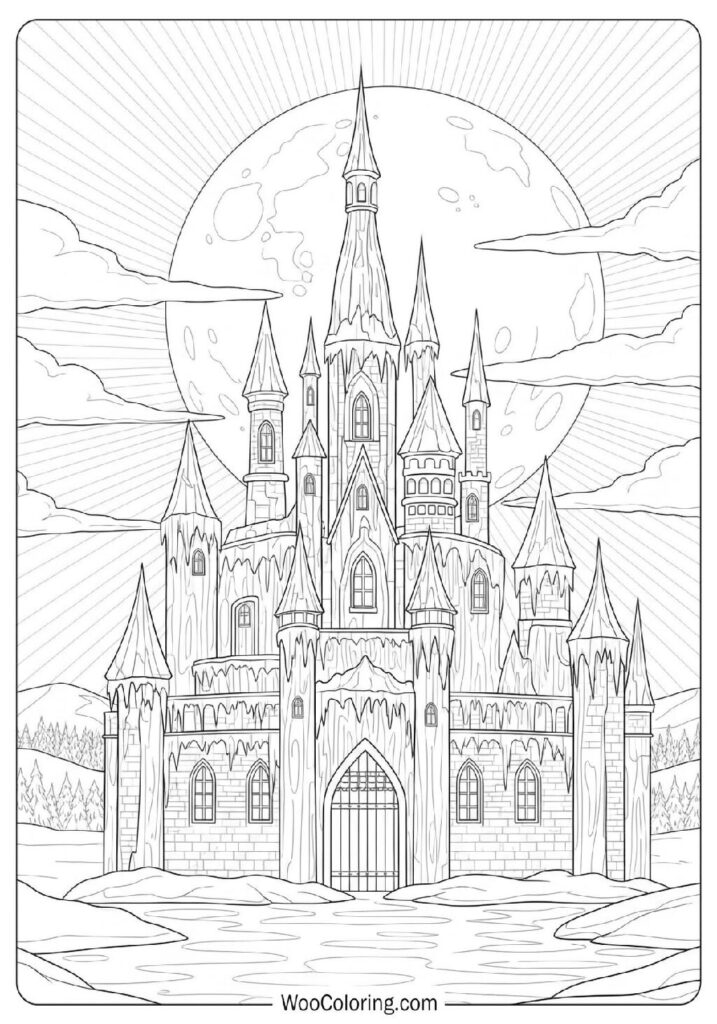 Magical Ice Castle Glowing in the Moonlight With Frozen Towers