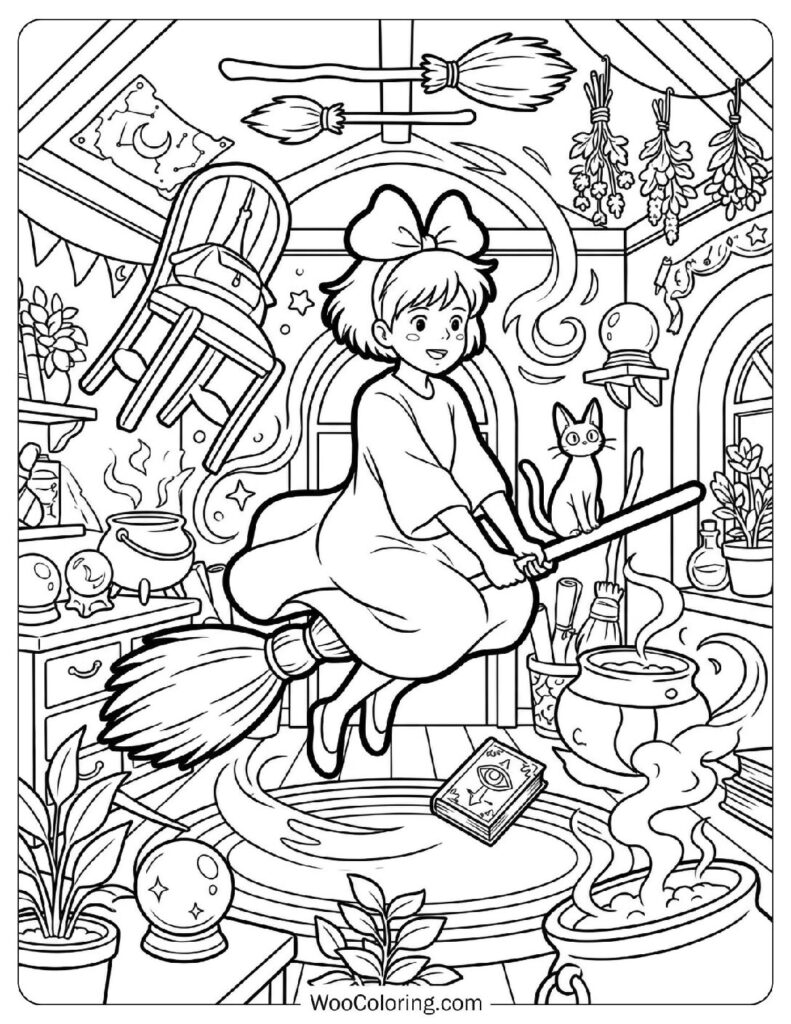 Magical Room on a Broom Fantasy Interior Illustration Coloring Page for Kids
