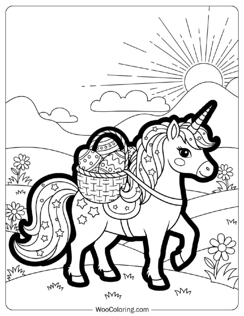 Magical Unicorn Carrying a Basket of Easter Eggs