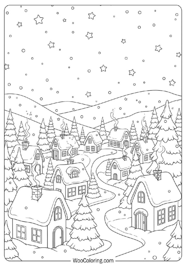 Magical Village Covered in Snow With Glowing Lights on a Winter Night Coloring Sheet