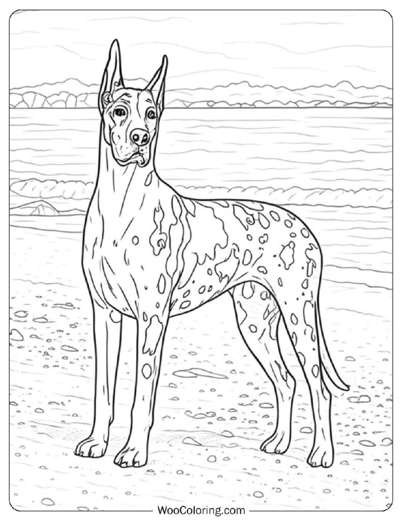 Majestic Great Dane Standing Proudly by the Ocean Shore on a Windy Day