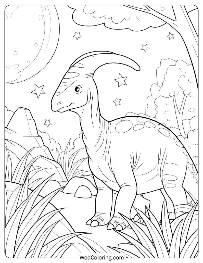 Majestic Parasaurolophus Under the Stars Coloring Page For Kids