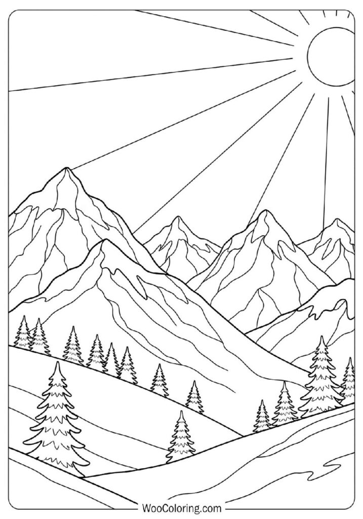 Majestic Snowy Mountains Stretching Beneath a Crisp and Bright Sky Coloring Page for Kids
