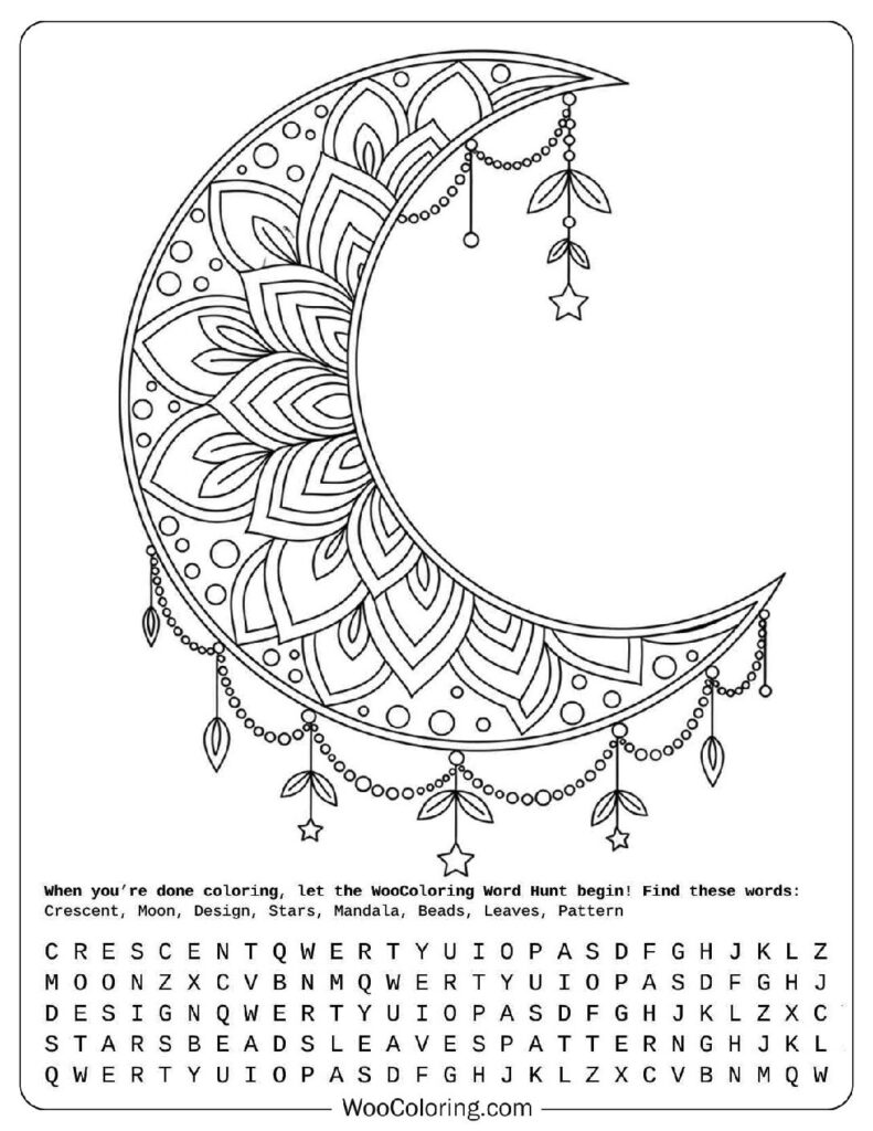 Mandala Moon Design with Crescent Petal Patterns Coloring Sheet for Kids