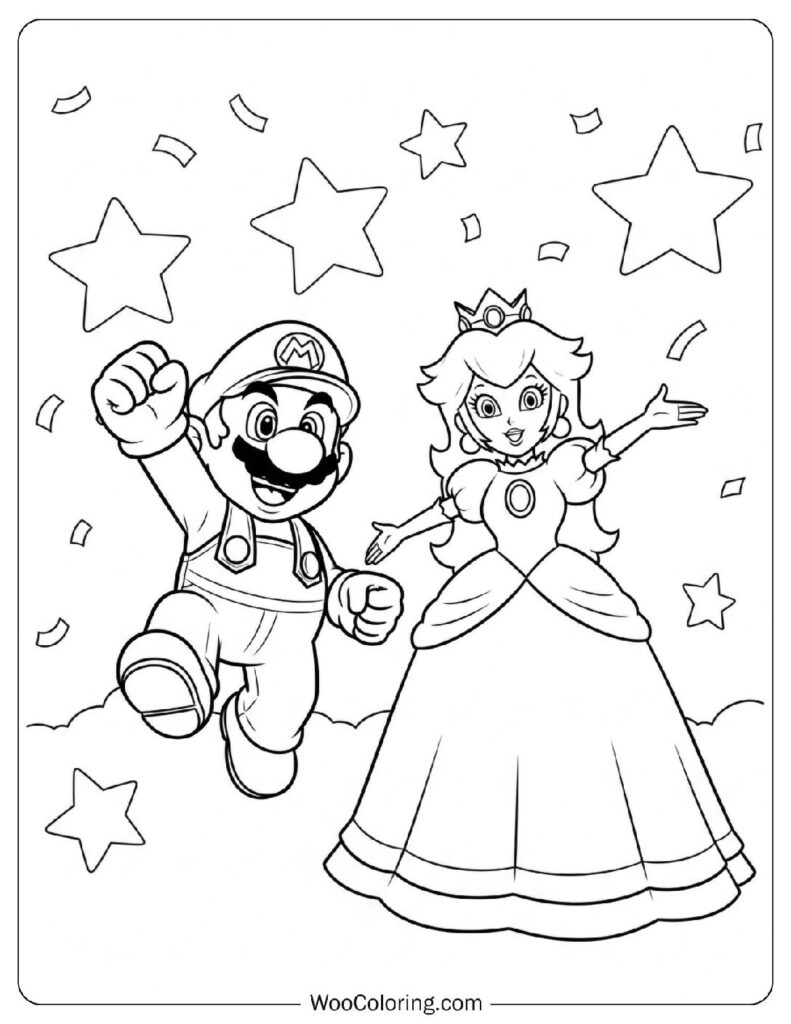 Mario Celebrating a Victory with Princess Peach Coloring Sheet for Kids