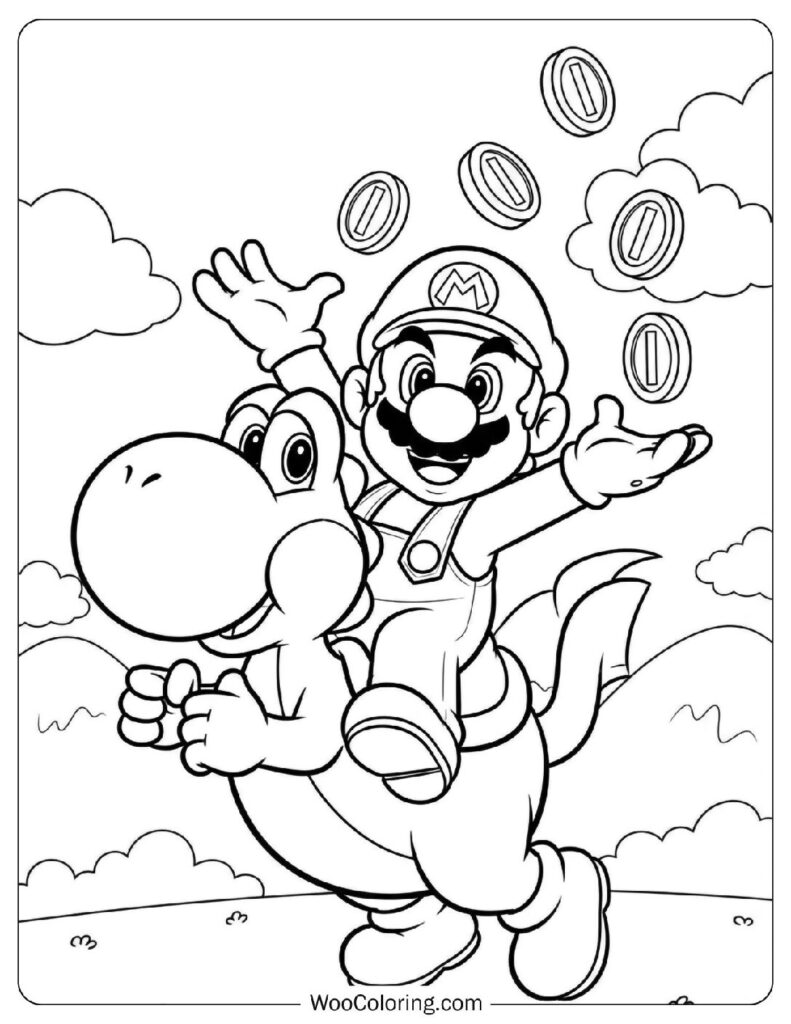 Mario Collecting Gold Coins While Riding Yoshi