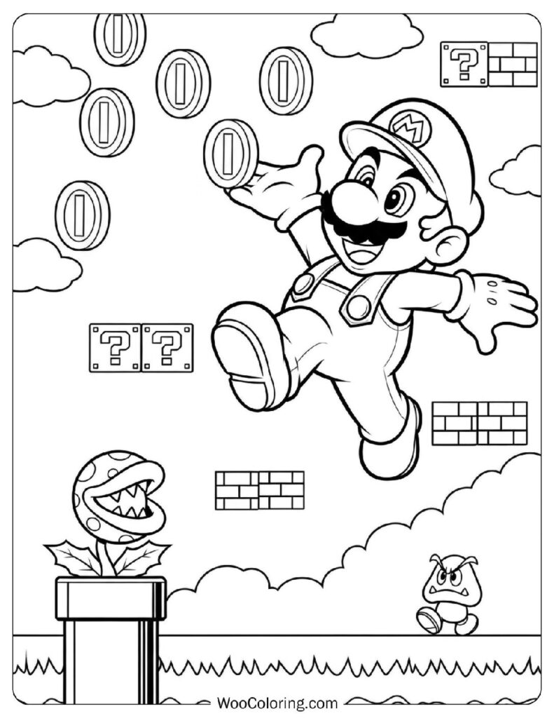 Mario Collecting Gold Coins in a Classic Level Coloring Page for Preschoolers