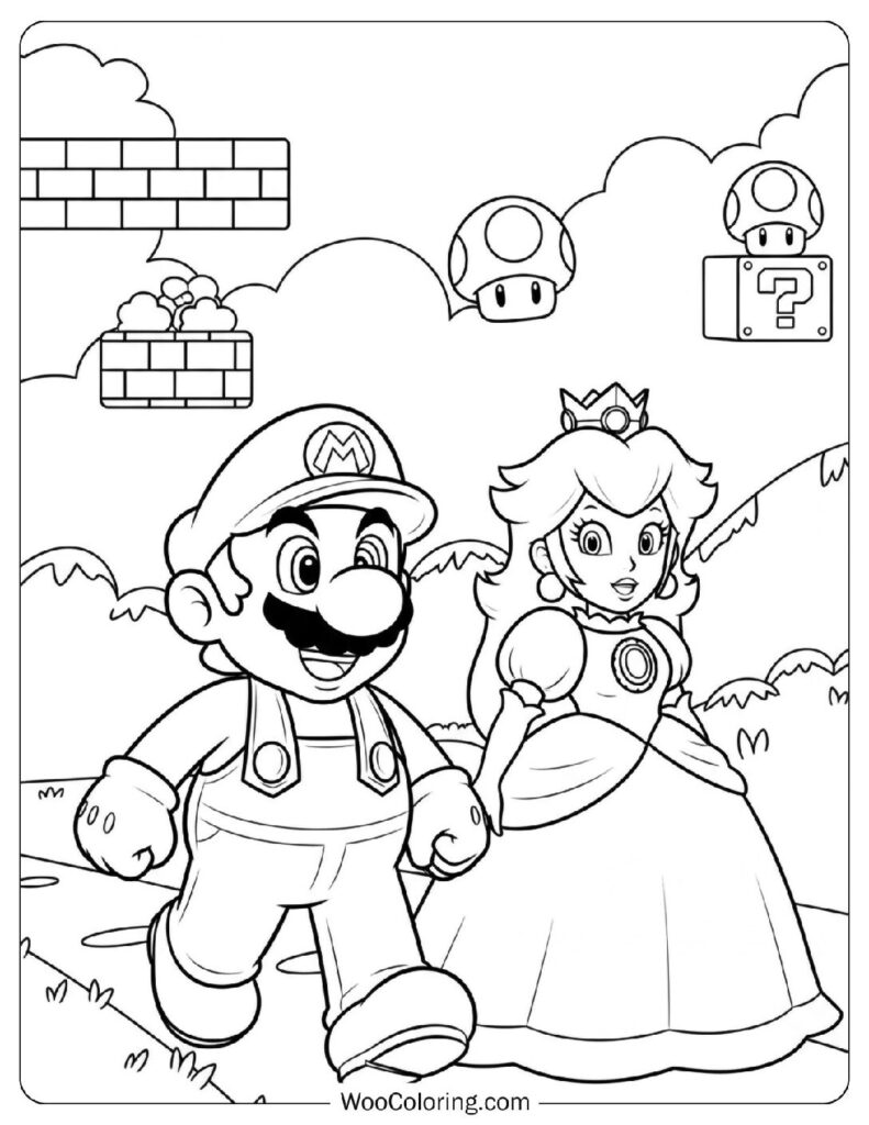 Mario Exploring Super Mario World alongside Princess Peach Coloring Page for Kids