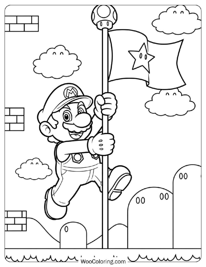 Mario Grabbing the Flag at the End of the Level