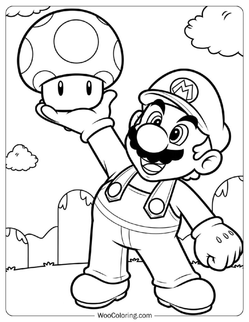 Mario Powering Up with a Mushroom Coloring Sheet for Preschoolers