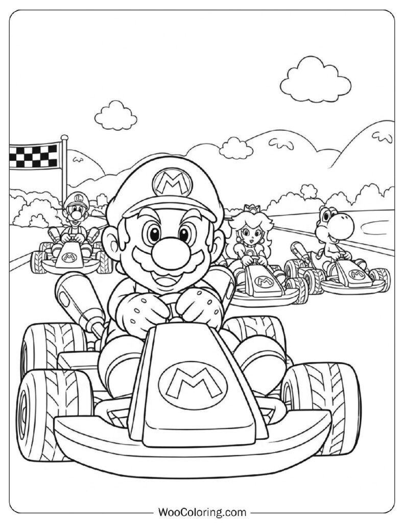 Mario Racing in a Mario Kart Match with Friends Coloring Sheet