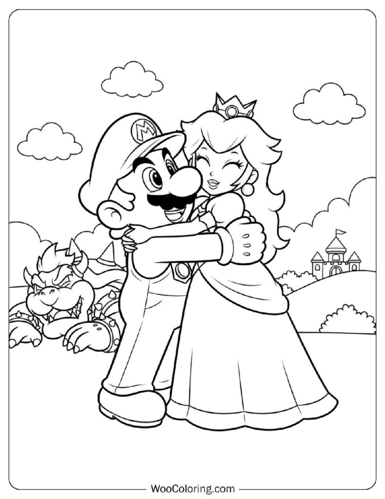 Mario Reuniting with Princess Peach After Defeating Bowser Coloring Page for Preschoolers