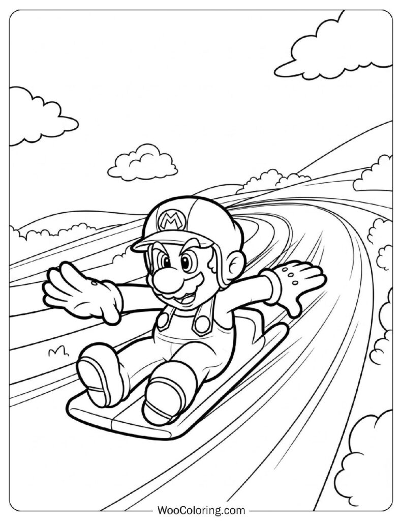 Mario Sliding Along the Race Track Picture to Color