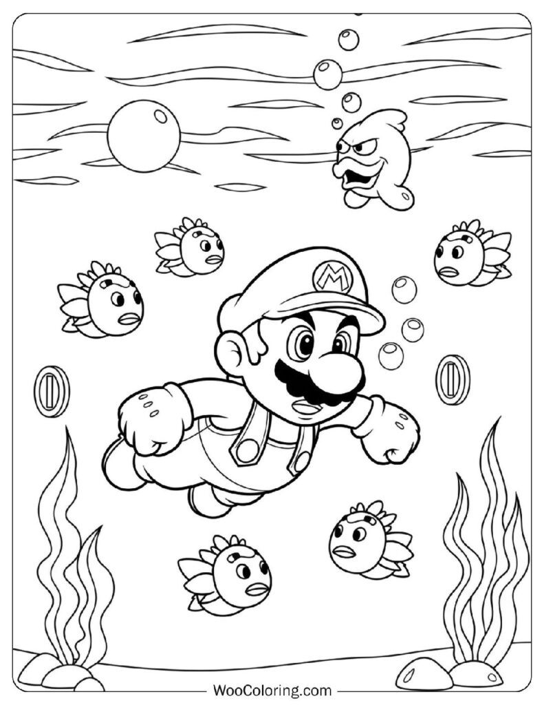 Mario Swimming Through an Underwater Level Coloring Page