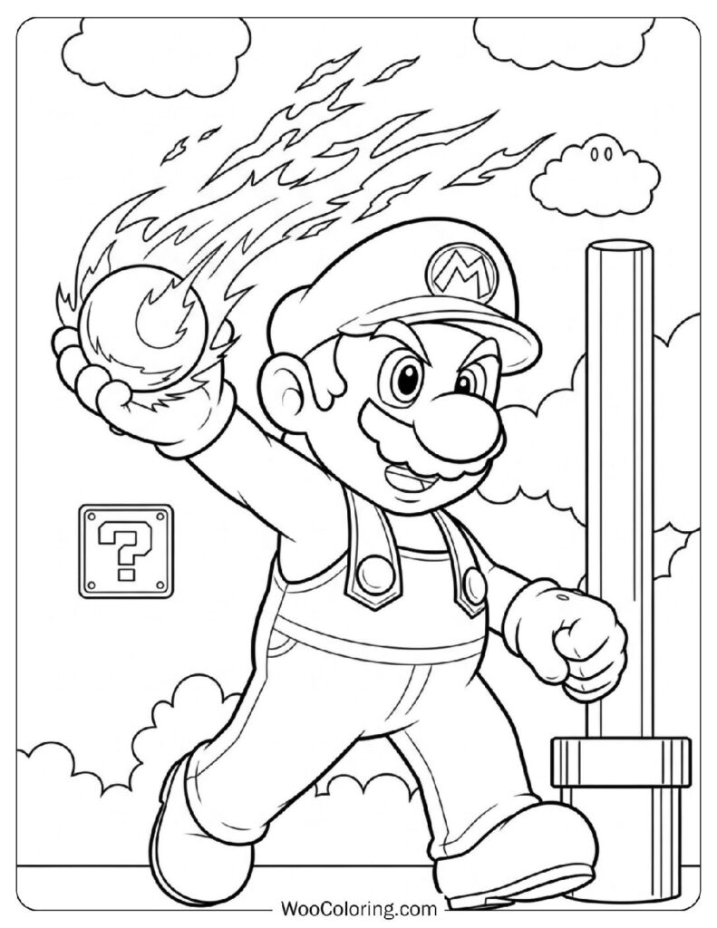 Mario Throwing a Fireball Attack Coloring Sheet for Kids