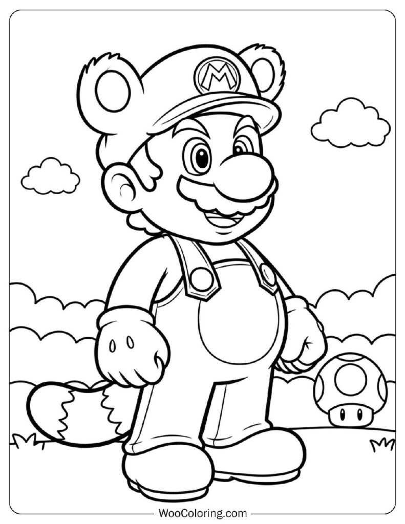 Mario Wearing the Tanooki Suit Coloring Page for Kids